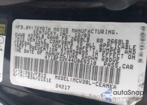 2004 Toyota Camry Le V6 from USA, damaged, VIN 4T1BF32K44U069310